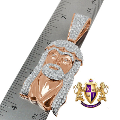 Men's Holy Jesus Face Pendent 3'' 14K Rose Gold On Real Sterling Silver Simulated Diamond Religious Charm