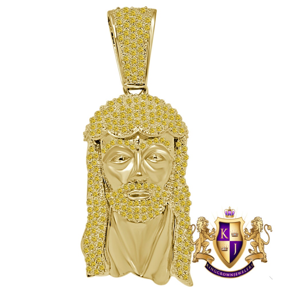 Canary Lemonade Jesus Face Pendent 3'' Genuine Yellow Gold Sterling Silver Simulated Diamond Religious Charm