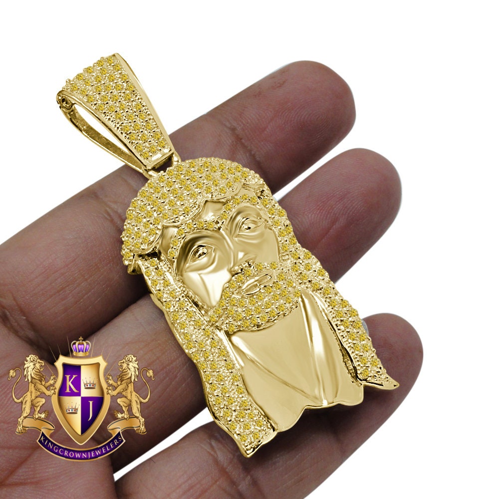 Canary Lemonade Jesus Face Pendent 3'' Genuine Yellow Gold Sterling Silver Simulated Diamond Religious Charm