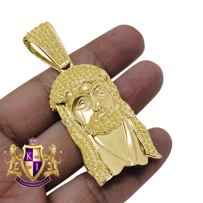 Canary Lemonade Jesus Face Pendent 3'' Genuine Yellow Gold Sterling Silver Simulated Diamond Religious Charm