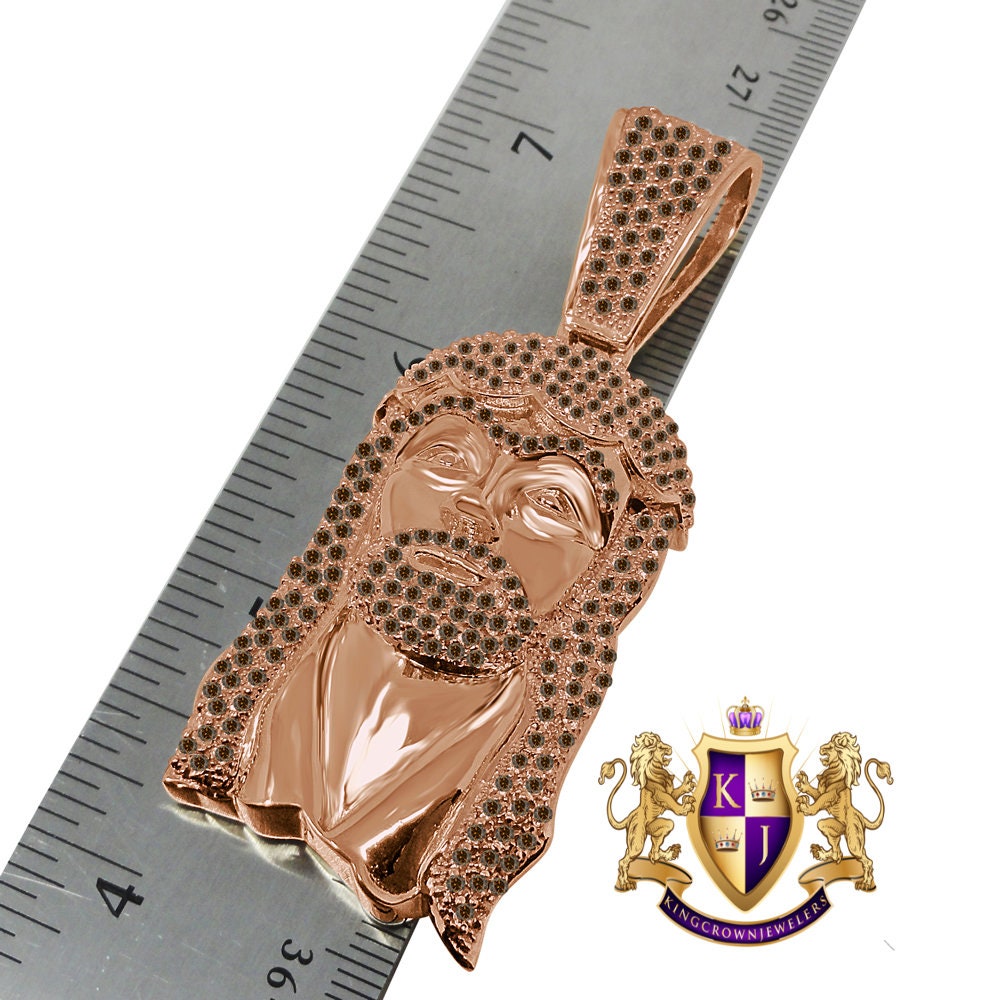 Jesus Face Pendent 3'' 14K Rose Gold On Real Sterling Silver Brown Chocolate Simulated Diamond Religious Charm