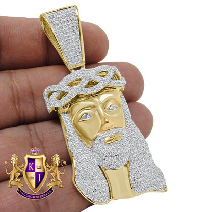 Jesus Crist Holy Face Pendent 2.80'' Real Yellow Gold Over Genuine Sterling Silver Simulated Diamond Religious Charm