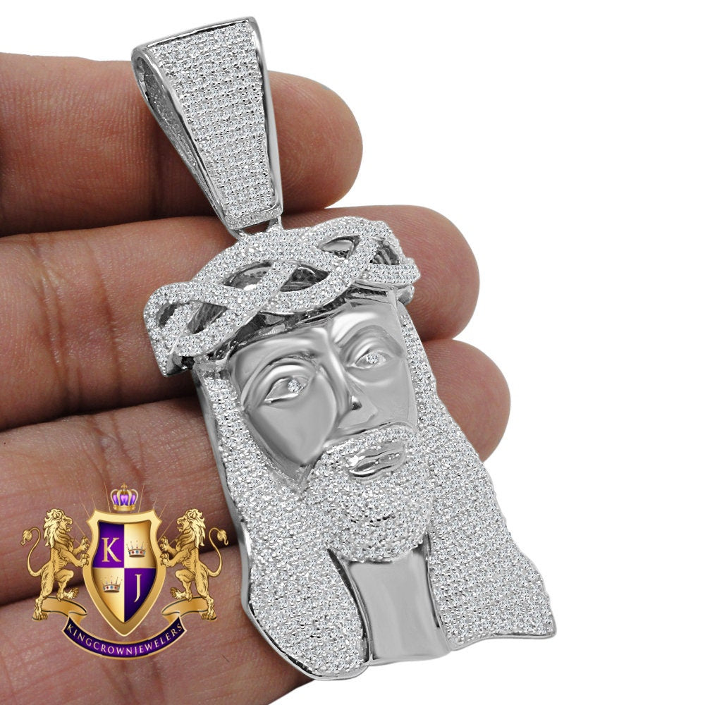 Jesus Crist Holy Face Pendent 2.80'' Real White Gold Over Genuine Sterling Silver Simulated Diamond Religious Charm