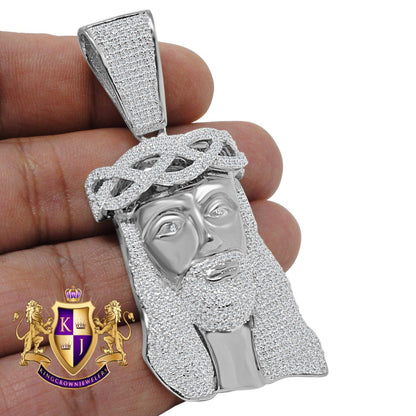 Jesus Crist Holy Face Pendent 2.80'' Real White Gold Over Genuine Sterling Silver Simulated Diamond Religious Charm