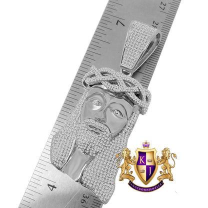 Jesus Crist Holy Face Pendent 2.80'' Real White Gold Over Genuine Sterling Silver Simulated Diamond Religious Charm