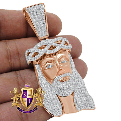 Jesus Crist Holy Face Pendent 2.80'' Real Rose Gold Over Genuine Sterling Silver Simulated Diamond Religious Charm