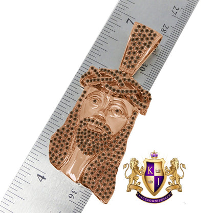 Chocolate Jesus Face Piece Custom Charm Rose Gold Tone Brown Simulated Diamond Pendent 2.85'''