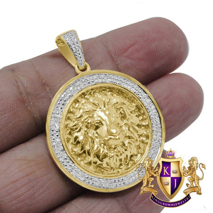 Men's Real Genuine Authentic Diamond 0.40 Cwt. 14+ Grams Lion King Head Face Pendant 10K Solid Gold Over Round Charm Medallion 1.75''