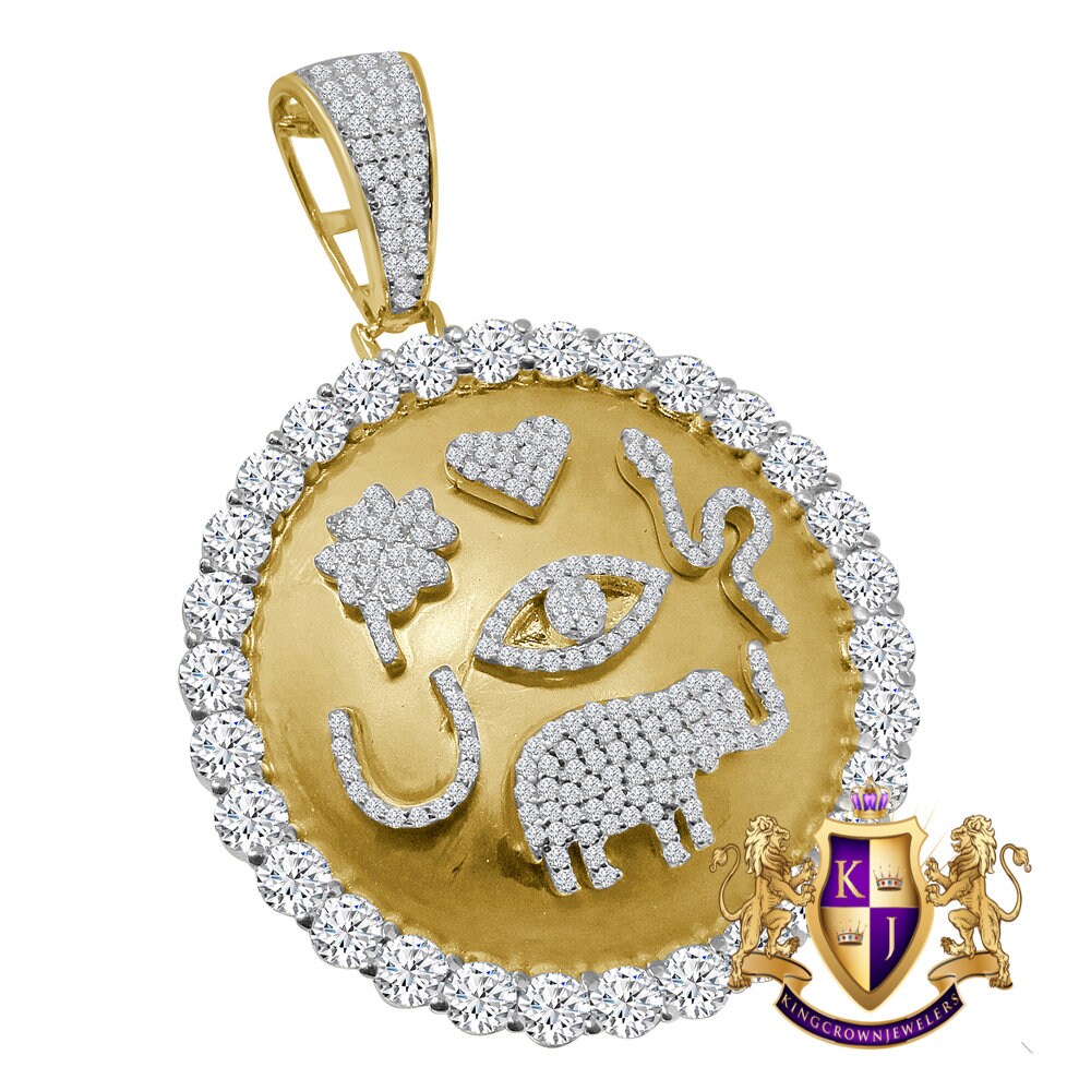 Men's Real Yellow Gold On Sterling Silver Simulated Diamond Egyptian Accent Symbols Pendent Charm Medallion