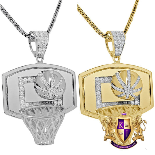 Real Genuine Italian Sterling Silver 22+ Grams 1.00 Cwt. Simulated Diamond 14k Gold Over Basketball Hoop Charm Pendant Chain Neckless Set