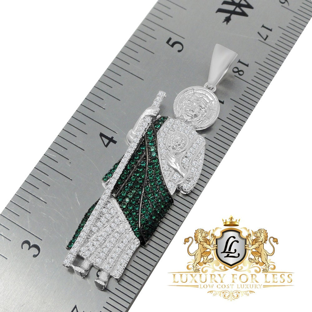 14K White Gold On Real Sterling Silver Simulated Diamond Saint Jude San Judas Tadeo Pendent Charm Chain Set 2.15''