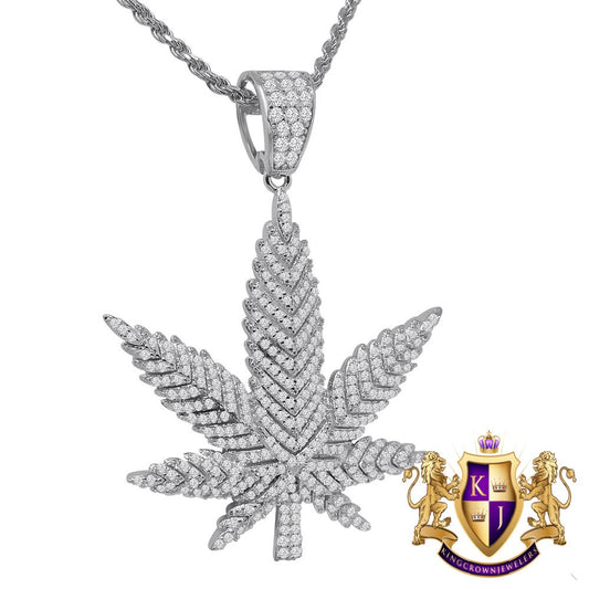 Real Sterling Silver Simulated Diamond 14K White Gold Tone Weed Marijuana Leaf Plant Pendent Charm Chain Set