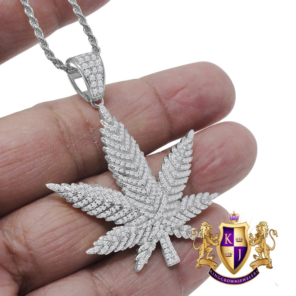 Real Sterling Silver Simulated Diamond 14K White Gold Tone Weed Marijuana Leaf Plant Pendent Charm Chain Set