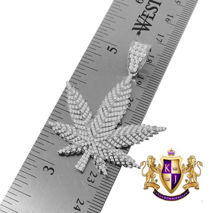 Real Sterling Silver Simulated Diamond 14K White Gold Tone Weed Marijuana Leaf Plant Pendent Charm Chain Set
