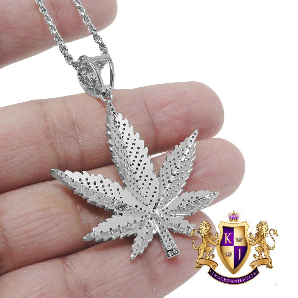 Real Sterling Silver Simulated Diamond 14K White Gold Tone Weed Marijuana Leaf Plant Pendent Charm Chain Set