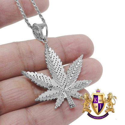 Real Sterling Silver Simulated Diamond 14K White Gold Tone Weed Marijuana Leaf Plant Pendent Charm Chain Set