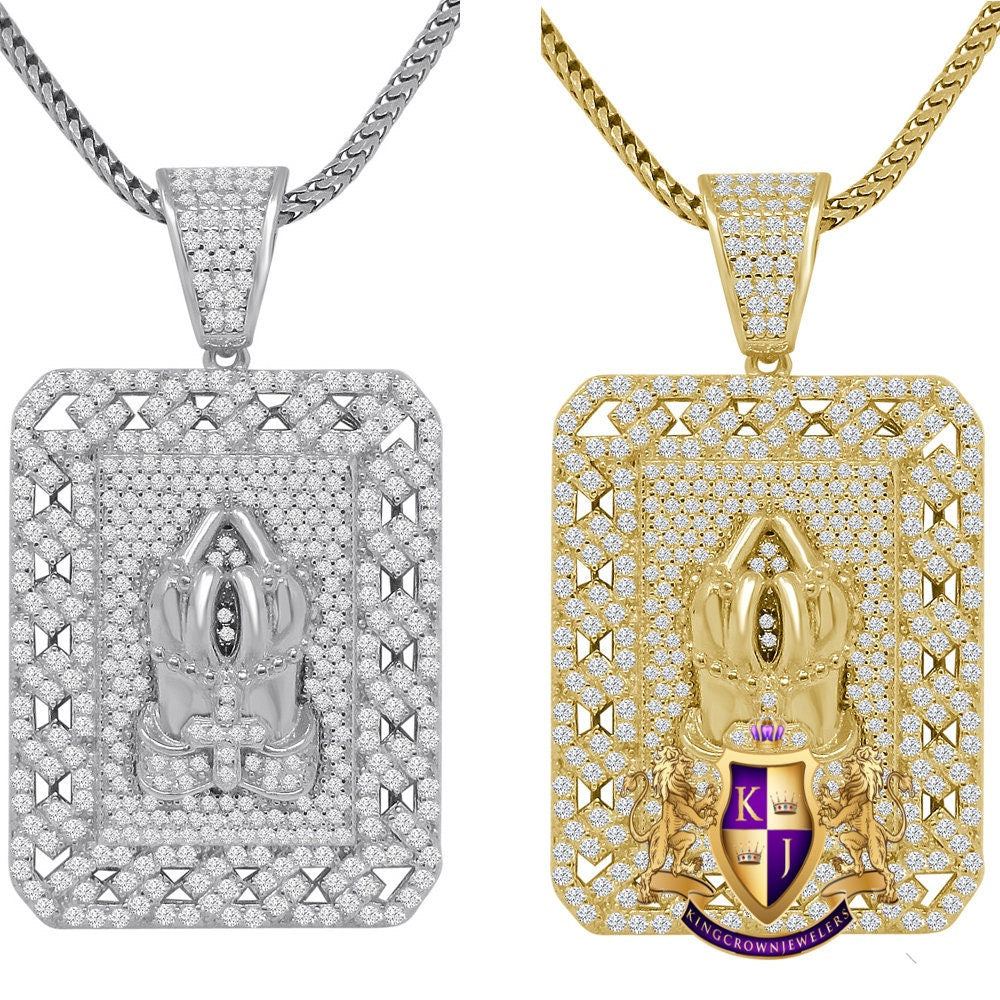 20 + Grams Real Genuine Sterling Silver Simulated Diamond 14K Gold Over Praying Hands Cross Frame Charm Religious Dog Tag Pendent Chain Set