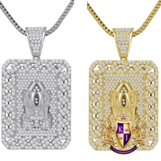 20 + Grams Real Genuine Sterling Silver Simulated Diamond 14K Gold Over Praying Hands Cross Frame Charm Religious Dog Tag Pendent Chain Set
