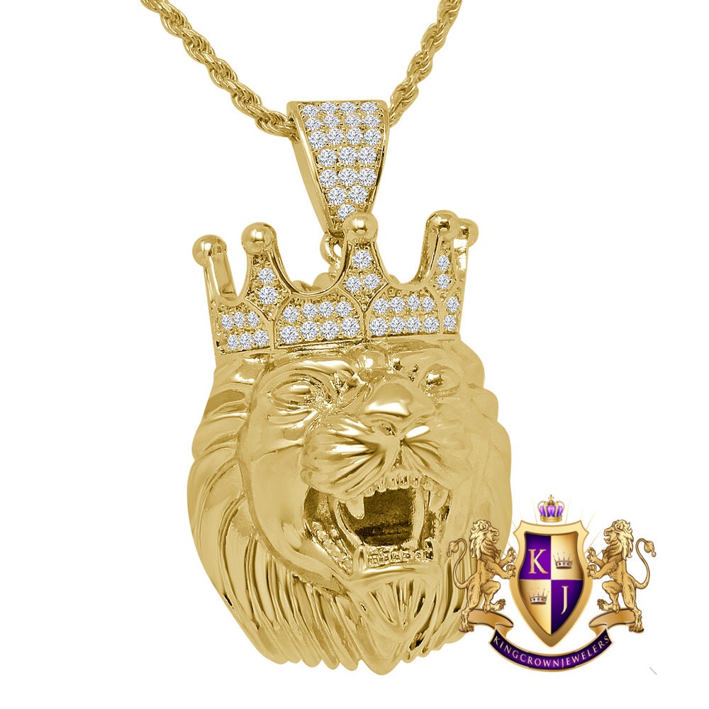 14K Gold Finish Simulated Diamond Lion King Head Men' Charm Crown Pendent + Chain