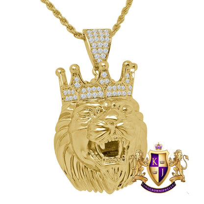 14K Gold Finish Simulated Diamond Lion King Head Men' Charm Crown Pendent + Chain