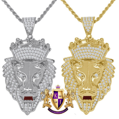14K Gold Finish Simulated Diamond Lion King Head Men' Charm Crown Pendent + Rope Chain