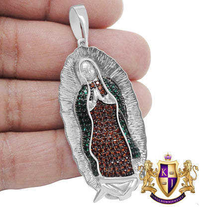 Multi Tone Real Sterling Silver White Gold Finish Virgin Mother Mary Guadalupe Charm Pendent 2.5''