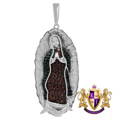 Multi Tone Real Sterling Silver White Gold Finish Virgin Mother Mary Guadalupe Charm Pendent 2.5''
