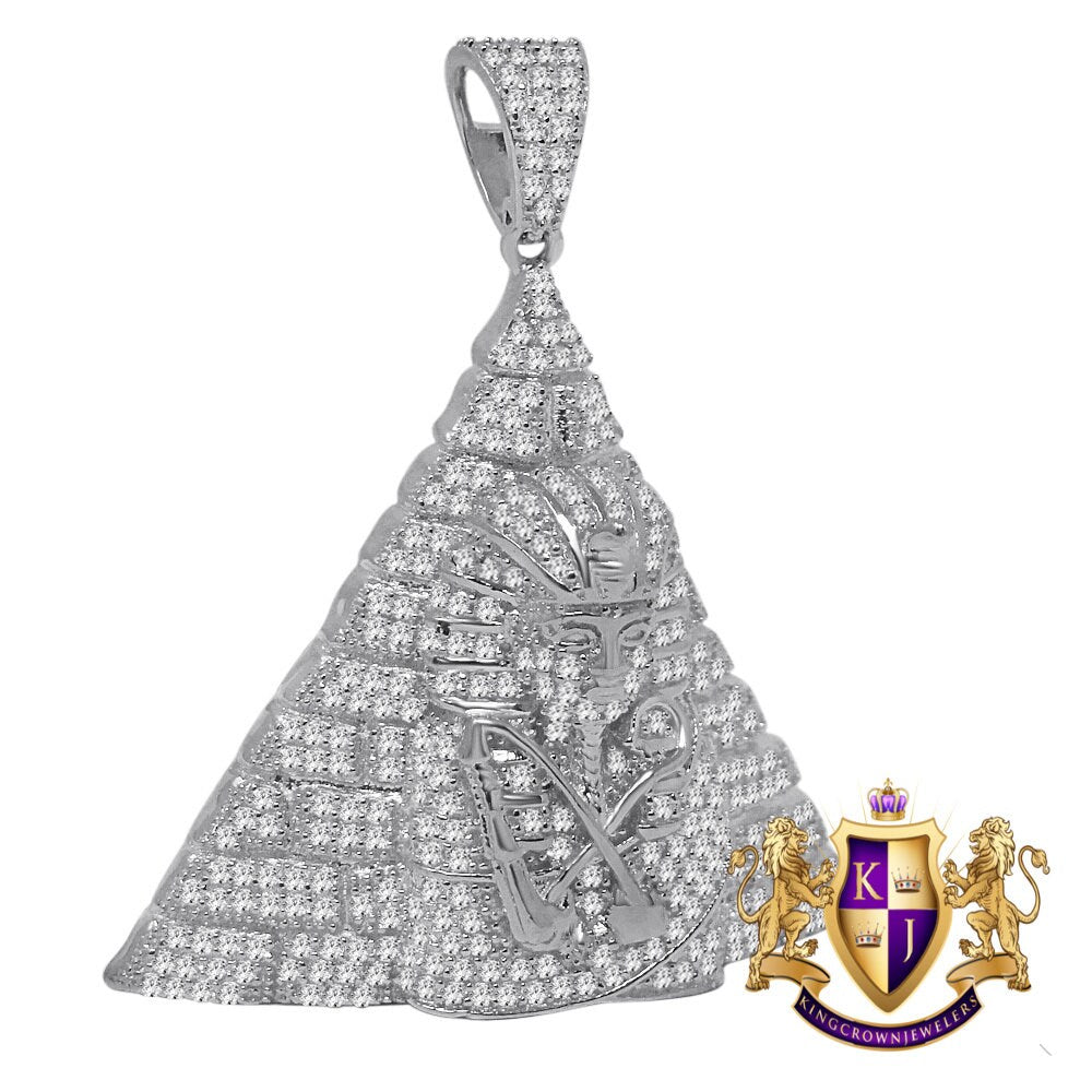 14k White  Gold On Real Sterling Silver Simulated Diamond Egyptian Pharaoh Pyramid Charm Pendant