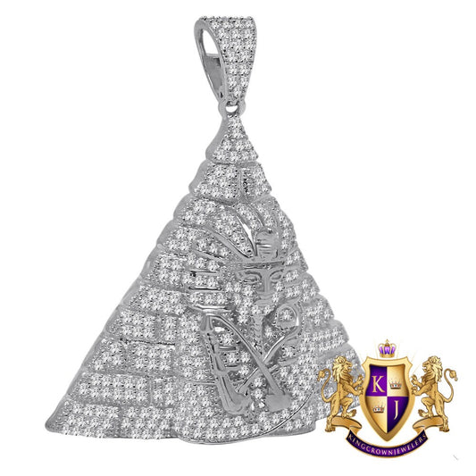 14k White  Gold On Real Sterling Silver Simulated Diamond Egyptian Pharaoh Pyramid Charm Pendant