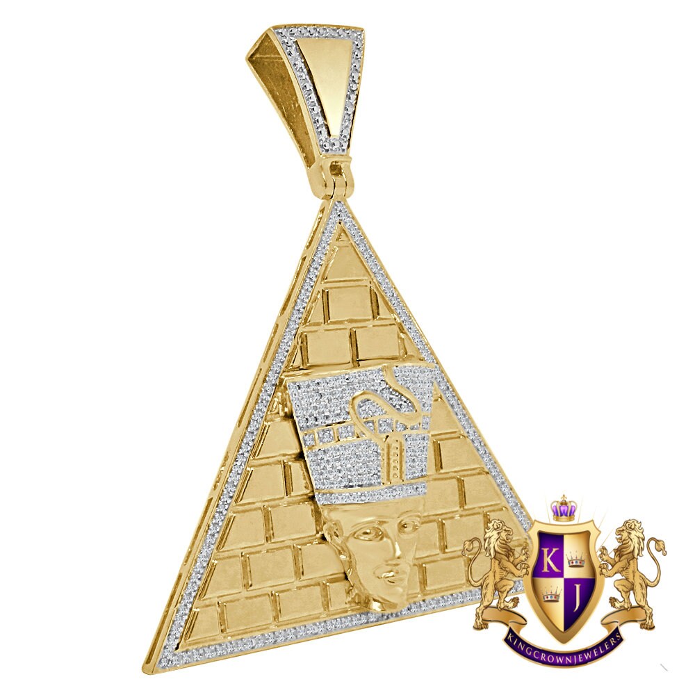 Real Genuine Diamond Egyptian Queen Nefertiti Pharaoh Pyramid Charm Gold Finish Pendant Charm 2.75''