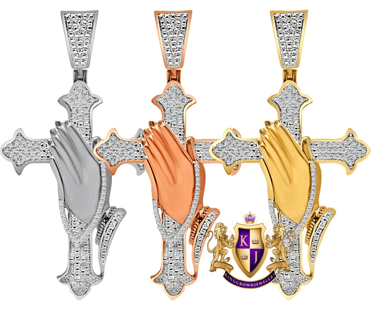 Men's Real Genuine Diamond Praying Hands Cross Charm 10K Gold Finish Pendant Charm 2.5''