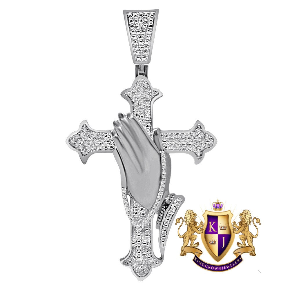 Men's Real Genuine Diamond Praying Hands Cross Charm 10K Gold Finish Pendant Charm 2.5''