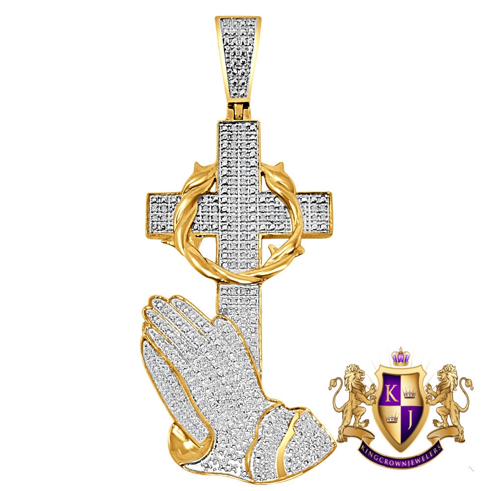 Real Genuine Diamond Praying Hands Cross Charm 10K Gold Finish Men's Pendant Charm 2.5''