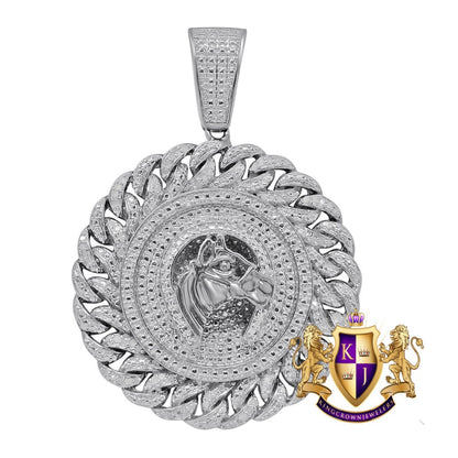 Real Genuine Diamond Lucky Horse shoes Round Charm 10K White Gold Finish Pendent 2''