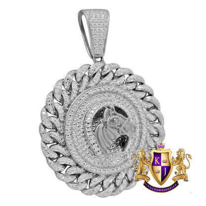 Real Genuine Diamond Lucky Horse shoes Round Charm 10K White Gold Finish Pendent 2''