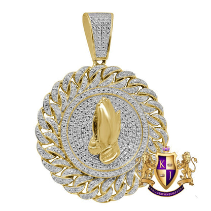 Real Genuine Diamond Praying Hands Round Charm 10K Yellow Gold Finish Pendent 2''