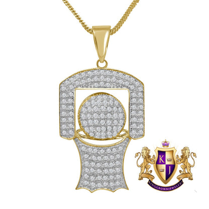 14K Gold Over Real Sterling Silver Simulated Diamond Mini Basketball Hoop Pendent Charm +Chain