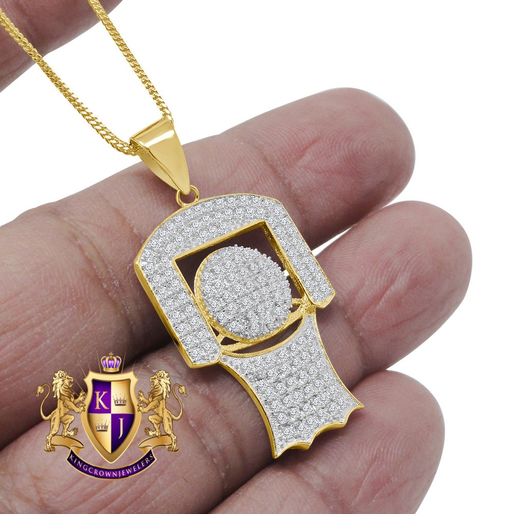 14K Gold Over Real Sterling Silver Simulated Diamond Mini Basketball Hoop Pendent Charm +Chain