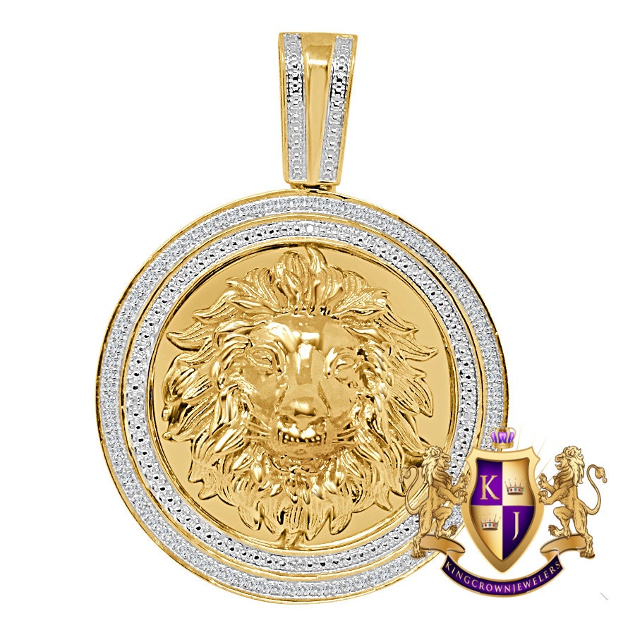 Real Genuine Authentic Diamond 0.33 Cwt. 23+ Grams Lion King Head Face Custom Piece 10K Solid Gold Finish Men's Round Pendant Charm 2.25''