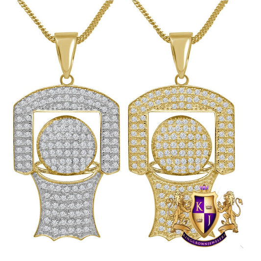 14K Gold Over Real Sterling Silver Simulated Diamond Mini Basketball Hoop Pendent Charm +Chain