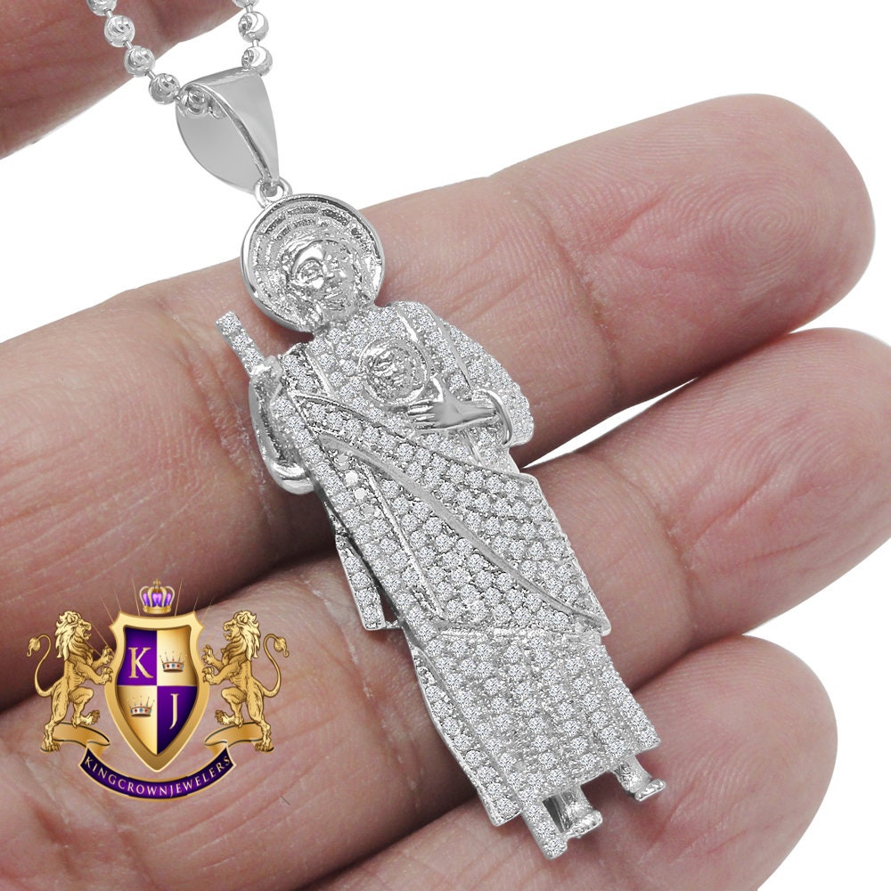 Unisex 14K White Gold On Real Sterling Silver Simulated Diamond Saint Jude San Judas Tadeo Pendent Charm Chain Set 2.15''