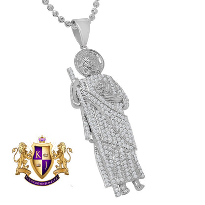 Unisex 14K White Gold On Real Sterling Silver Simulated Diamond Saint Jude San Judas Tadeo Pendent Charm Chain Set 2.15''