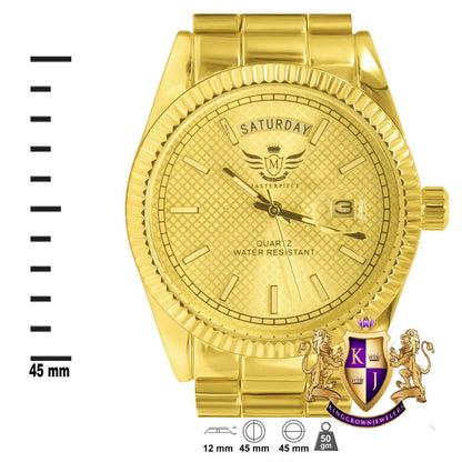 Mens 14K Yellow Gold Finish Day/Date Function Steel Back Metal Band Water Resistance Watch
