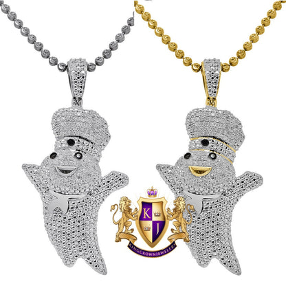 Real Genuine Diamond Pillsbury Dough Boy Pendant 10K Gold Finish Charm Chain Set