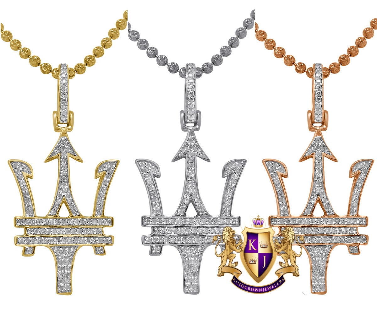 Men's Real Genuine Diamond Maserati Car Key Pendant 10K Gold Finish Charm Chain Set 1.50''