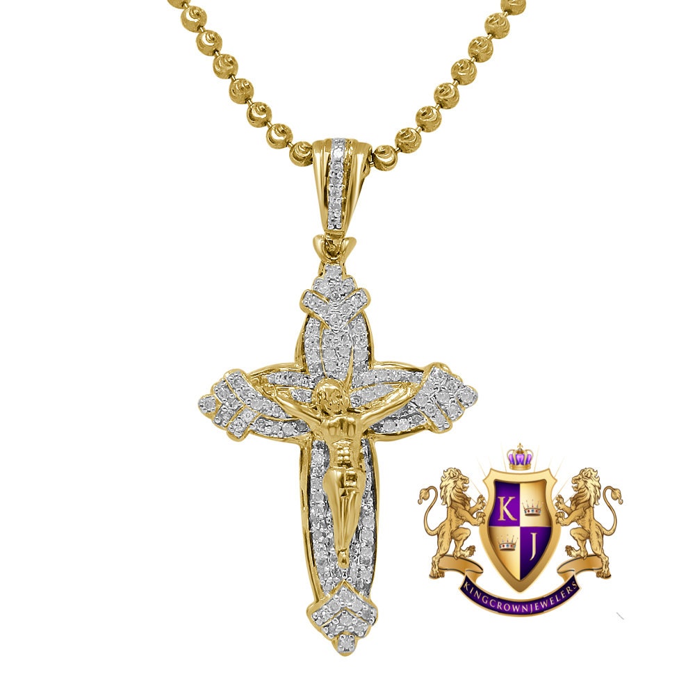 Men's Real Genuine Diamond Mini Crucifix Jesus Cross Pendant Charm Chain Set 10K Gold Finish