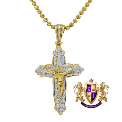 Men's Real Genuine Diamond Mini Crucifix Jesus Cross Pendant Charm Chain Set 10K Gold Finish