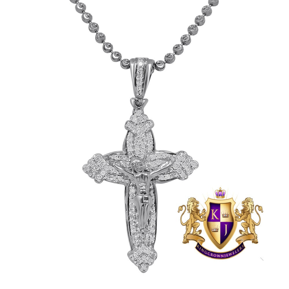 Men's Real Genuine Diamond Mini Crucifix Jesus Cross Pendant Charm Chain Set 10K Gold Finish