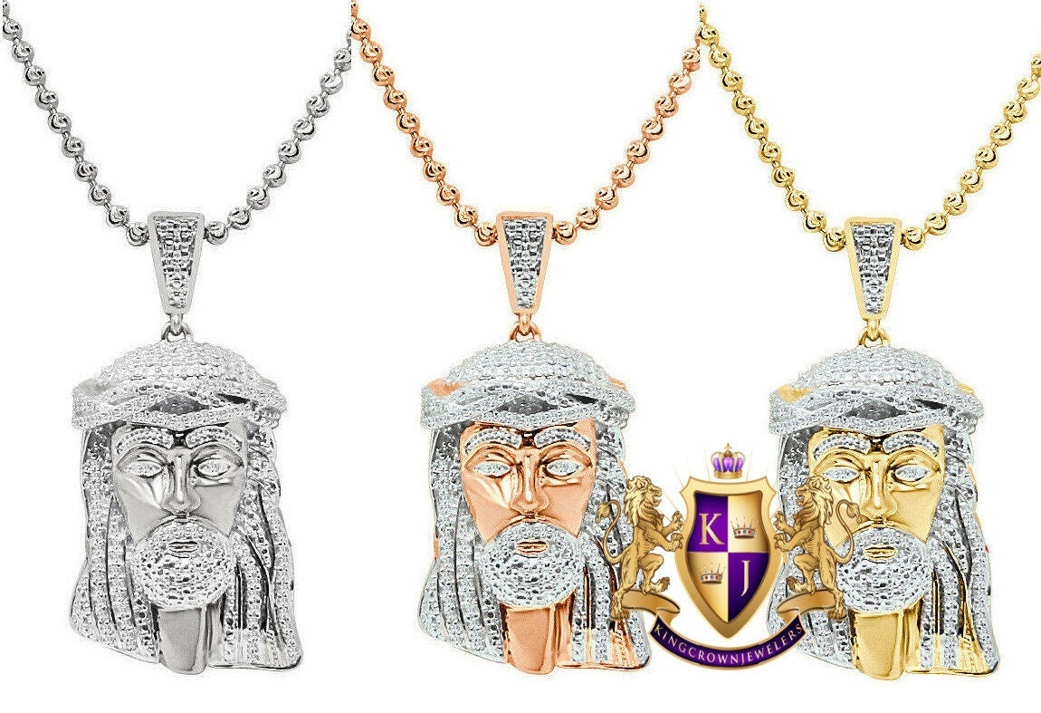 Real Genuine Diamond 0.33 Cwt. Mini Jesus Face Piece 10K Gold Finish Pendant Charm Chain Set 1.5"