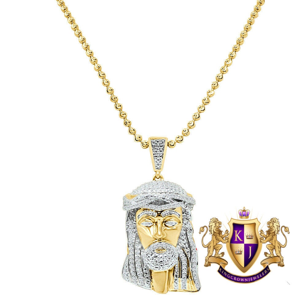 Real Genuine Diamond 0.33 Cwt. Mini Jesus Face Piece 10K Gold Finish Pendant Charm Chain Set 1.5"
